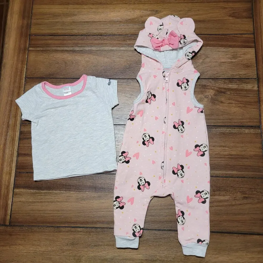 2 Pc Disney Baby Pink Sleeveless Hooded Minnie Coverall w/ Under Tee - Size 6/9M